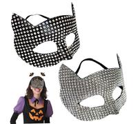2pcs Cat Woman Mask Half Face Cat Catume Women Women Fashionable Cosplay Mask para Halloween, mascarada, negro + plata