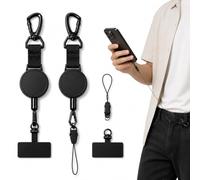 2PCS Correa Retráctil para Teléfono Móvil, Llavero Antirrobo Extensible con Gancho Metálico Bloqueable y Pestaña Giratoria 360° Metal, Cordón para Móvil Ideal para Senderismo, Escalada y Pesca, Negro