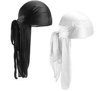 2Pcs Durag de Seda, Gorro Bandanas Piratas, Pañuelos de Cabeza Turbante Con Cola Extra Larga y Correas Anchas Para Hombres y Mujeres Decoración Diaria de Hip-Hop (Negro+Blanco)