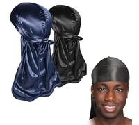 2Pcs Durag de Seda, Gorro Bandanas Piratas, Pañuelos de Cabeza Turbante con Cola Extra Larga y Correas Anchas para Hombres y Mujeres Decoración Diaria de Hip-Hop (Negro+Azul Marino)