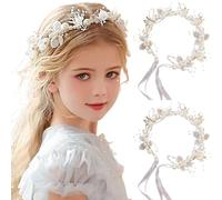 2pcs Flower Girl Headtawe, diadema de perla de metal de 15.8 pulgadas con cinta, accesorio para el cabello de niña de flores para cumpleaños, fiesta, primera comunión, boda.