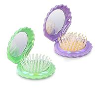 2pcs Folding Travel Hair Brush with Mirror,Compact Size Shell Shape Pocket Hair Brush with Mirror Folding Hair Brush Portable Cute Hair Massage Comb Mini Hair Brush