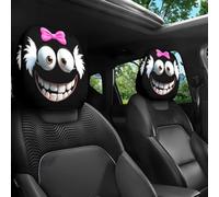 2PCS Funny Cartoon Car Headrest Covers, Cute Funny Cartoon Big-Eyed Grinning Car Headrest Covers, Cheerful Face Cute Auto Front Seat Protector Decor for Halloween Christmas (C)