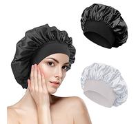2pcs Gorro de Satén de Dormir Con Banda Ancha Elástica, Cubierta de Cabeza de Seda Para Mujeres y Niñas (Negro, Blanco)