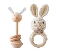 2pcs Greifringe Baby Babyrassel Gehäkelt Greifling, Baby Holz gehäkelte Babyrassel Handmade Rassel Greifling Baby Rassel Beißring Holz Babyrassel Greifling Spielzeug Häkel Rassel mit Holz Ring