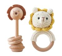 2pcs Greifringe Baby Babyrassel Gehäkelt Greifling, Baby Holz gehäkelte Babyrassel Handmade Rassel Greifling Baby Rassel Beißring Holz Babyrassel Greifling Spielzeug Häkel Rassel mit Holz Ring