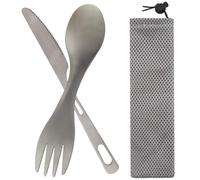 2pcs Juego de Cubiertos,Cubierto de Titanio para Camping,Cuchara de Titanio 2 en 1 con Bolsa de Malla Gris con Cordón para Guardarlos,Cuchillo Cuchara y Tenedor,Ultraligera Portátil,Multifunción