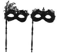 2Pcs Mysterious Masquerade Masks with Stick, Black Masquerade Masks with Lace, Venetian Eye Mask for Women and Man, Mardi Gras Party Mask, Venetian Party Mask for Cosplay Prom Carnival