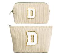 2PCS Neceser Maquillaje Mujer, Beige Bolsa de Cosméticos de Viaje, Bolsa de Aseo con Letras, Neceser de Maquillaje de Pana, Regalo Cumpleaños Navidad para Mamá Mujeres Novias Mejores Amigas, D