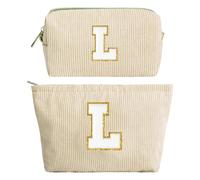 2PCS Neceser Maquillaje Mujer, Beige Bolsa de Cosméticos de Viaje, Bolsa de Aseo con Letras, Neceser de Maquillaje de Pana, Regalo Cumpleaños Navidad para Mamá Mujeres Novias Mejores Amigas, L
