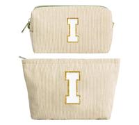 2PCS Neceser Maquillaje Mujer, Beige Bolsa de Cosméticos de Viaje, Bolsa de Aseo con Letras, Neceser de Maquillaje de Pana, Regalo Cumpleaños Navidad para Mamá Mujeres Novias Mejores Amigas, I