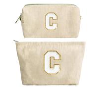 2PCS Neceser Maquillaje Mujer, Beige Bolsa de Cosméticos de Viaje, Bolsa de Aseo con Letras, Neceser de Maquillaje de Pana, Regalo Cumpleaños Navidad para Mamá Mujeres Novias Mejores Amigas, C