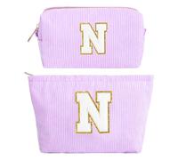 2PCS Neceser Maquillaje Mujer, Viola Bolsa de Cosméticos de Viaje, Bolsa de Aseo con Letras, Neceser de Maquillaje de Pana, Regalo Cumpleaños Navidad para Mamá Mujeres Novias Mejores Amigas, N