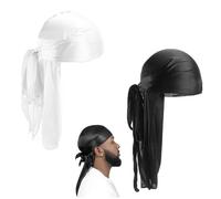 2PCS Pañuelo Cabeza, Durag de Seda Gorro de Onda Elástico Envoltura de Cabeza con Cola Larga Correas Anchas Unisex Poliéster Turbante Sedoso Durag de Onda Transpirable Pirata Cap de Hombres Mujeres