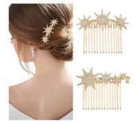 2PCS Peinetas de Pelo Estrella Peine de Diamantes de Imitación Clip Metal 15 Dientes Laterales Peines del Cabello Peine de Diapositivas para Mujeres Chicas Peineta de Pelo Nupcial Accesorios(oro)