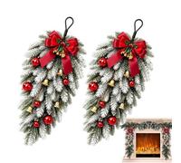 2Pcs Pine Swag - Christmas Teardrop Wreath | Red Bow & Gold Bells | 23.6 Inch Artificial Pine Branches, Classic Gold & Red Berry Accents, Holiday Wall Decor For Door, Mantel & Porch