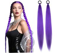 2PCS Purple Hair Extensions 26 inch Straight Braided Ponytail Extension with Elastic Tie for Women Girls