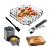 2PCS Rejilla Air Fryer Accesorios Cuadrada 21x21cm, 50PCS Papel Air Fryer Cuadrado, con Pincel Silicona Cocina y Pinzas, Accesorios Freidora de Aire Inoxidable Compatible con Cosori [5,5L, 6L, 6,4L]