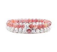 2PCS / Set Pulseras con cuentas Juego de brazaletes Piedra de lava natural Parejas Distancia Energía Cuerda elástica Hombres Mujeres Mejor amigo Regalo de la joyería-6 mm Naranja Blanco Set_CHINA