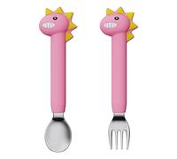 2PCS Tenedor Bebe, WitBicg Cubiertos Bebe, Cubiertos Infantiles Acero Inoxidable, Talheres Bebe Ayuda a Alimentar Al Bebé, Aumentar El Apetito, Niños Después De 1 año Uso (Largo Dinosaurio Rosa)