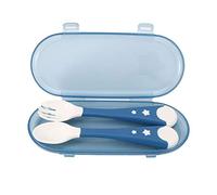 2Pcs Utensilios para bebés Cuchara Tenedor, Alimentación infantil portátil Entrenamiento Tenedor Cuchara Juego de vajilla antideslizante para bebés con estuche de viaje para destetar(Azul)