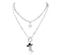 2uds Collar Colgante de Bota Sombrero Vaquera, Colgante Brillantes Estrellas Diamantes de Imitación para Mujer Cadena Gruesa Apilable Estilo Occidental para Atuendos Conciertos Country (Plata)