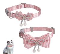 2uds Lindos Collares Gato con Lazo, Ajustables y Desmontables de Color Rosa con Colgante de Perla y Accesorios para Gatitos (2 Estilos)