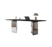 2WFYJNITP Mesa de Escritura Escritorio Moderno de Lujo for Oficina en casa con Puertos USB y Tomas Corriente, Marco Espejo Acero Inoxidable Superficie losa Roca Escritorio(L)