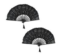 2X Abanico Hecho A Mano de Algodon de Encaje Plegable para Decorar La Boda La Fiesta (Negro)