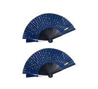 2X Abanico Plegable CláSico de Seda Estrellada, Abanico de Mano Plegable de Bambú de Tela Japonesa China (Azul)