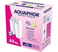 AQUAPHOR Cartucho de filtro A5 Pack 2 con magnesio, filtra cal y cloro, así como metales pesados y otras sustancias, 350 l de agua clara, con tecnología Aquale, mejor comida y bebida