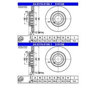 2x ATE 24.0318-0106.1 Disco De Freno Para VW Polo 6N1 Seat Arosa 6H1
