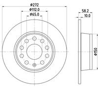 2x HELLA Disco de freno Trasero Ø272mm Altura: 58,2mm Espesor: 10mm Cantidad de Taladros: 5/1 Corona de Agujeros - Ø: 112mm macizo 8DD 355 131-811 Compatible con VW T-Roc A11, D11, SEAT, SKODA, AUDI