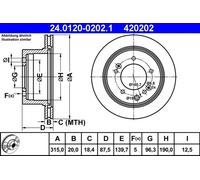 2x Disco de freno ventilado 24.0120-0202.1 ATE para KIA SORENTO I