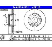 ATE Disco de freno 24.0122-0115.1 delantero ventilado altamente carbonizado 1 pieza
