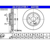 2x Disco de freno ventilado 24.0122-0199.1 ATE para MERCEDES-BENZ VANEO