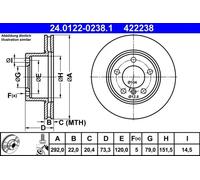 Disco de freno ATE 24.0122-0238.1 delantero, ventilado , altamente carbonizado, 1 Pieza