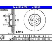 2x Disco de freno ventilado 24.0122-0258.1 ATE para TOYOTA PRIUS Liftback