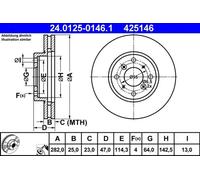 2x Disco de freno ventilado 24.0125-0146.1 ATE para HONDA ACCORD VI