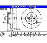 2x Disco de freno ventilado 24.0125-0196.1 ATE para LEXUS TOYOTA