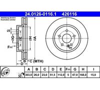 Disco de freno ATE 24.0126-0116.1 delantero, ventilado , altamente carbonizado, 1 Pieza