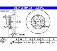 2x Disco de freno ventilado 24.0128-0115.1 ATE para TOYOTA CAMRY PREVIA II