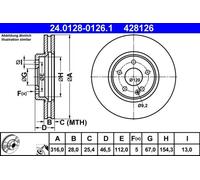 Disco de freno ATE 24.0128-0126.1 delantero, ventilado , altamente carbonizado, 1 Pieza
