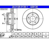 2x Disco de freno ventilado 24.0128-0138.1 ATE para JAGUAR DAIMLER