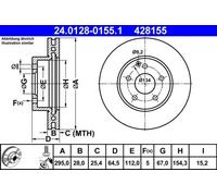 2x Disco de freno ventilado 24.0128-0155.1 ATE para MERCEDES-BENZ CLASE C SLK