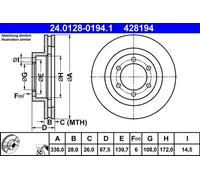 2x Disco de freno ventilado 24.0128-0194.1 ATE para TOYOTA LAND CRUISER PRADO