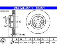 2x Disco de freno ventilado 24.0128-0261.1 ATE para RENAULT MEGANE III Coupé