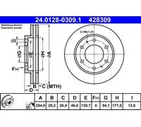 2x Disco de freno ventilado 24.0128-0309.1 ATE para MITSUBISHI FIAT