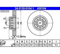 2x Disco de freno ventilado 24.0130-0104.1 ATE para AUDI 100 C4 Sedán A8 D2