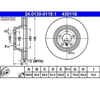 2x Disco de freno ventilado 24.0130-0118.1 ATE para BMW 7